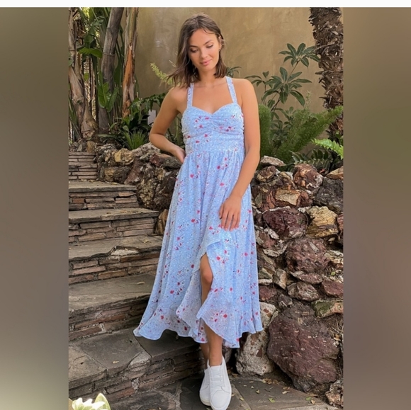 Lulus Afternoon Romance Dusty Blue Floral Print Ruffled Midi Dress Sz XL - Picture 3 of 15